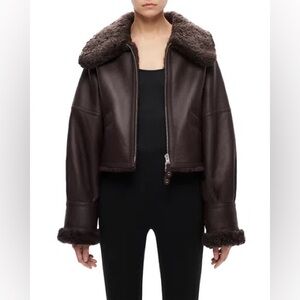 Shoreditch Ski Club Shearling Leather Bomber Jacket Conker Brown Burgundy Small